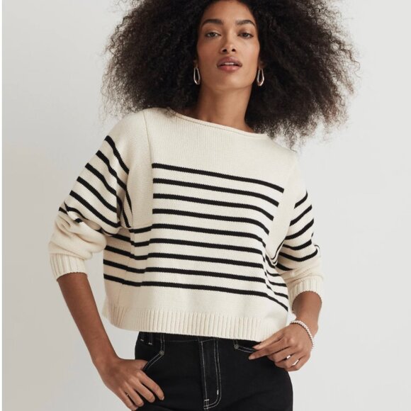 Madewell Sweaters - Madewell Rolled Neck Pullover Sweater Striped Cream Navy Cotton Medium Women